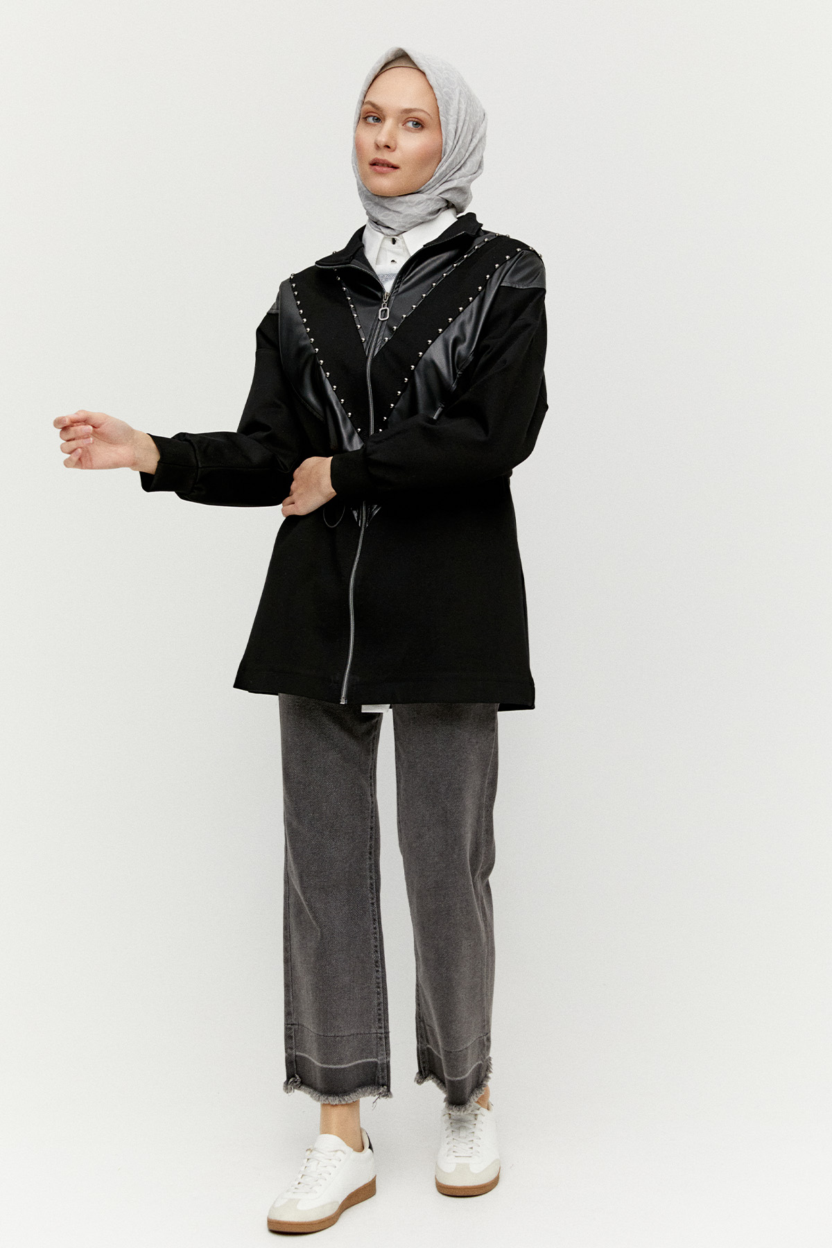 Suni Deri Kombinli Taş Detaylı Kap