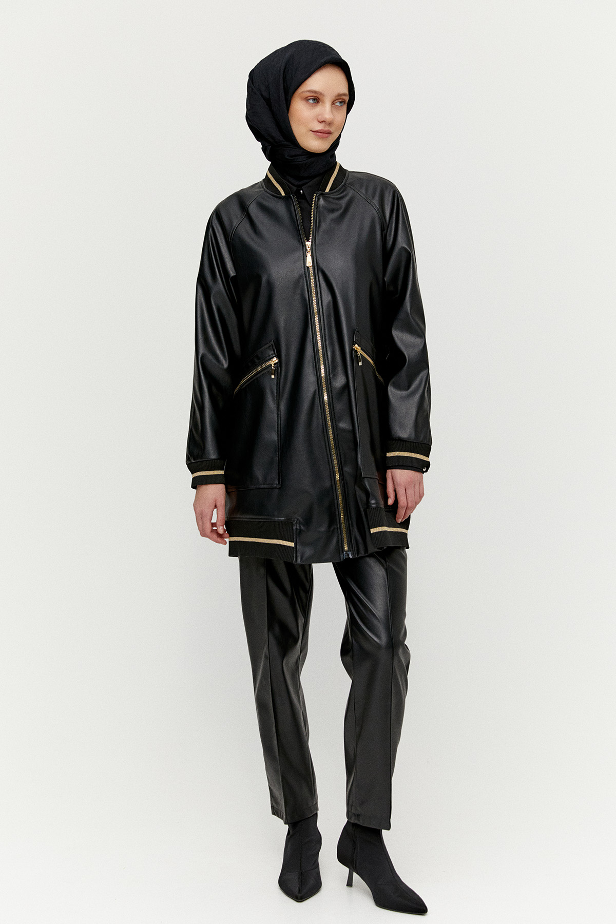 Ribanalı Suni Deri Bomber Kap