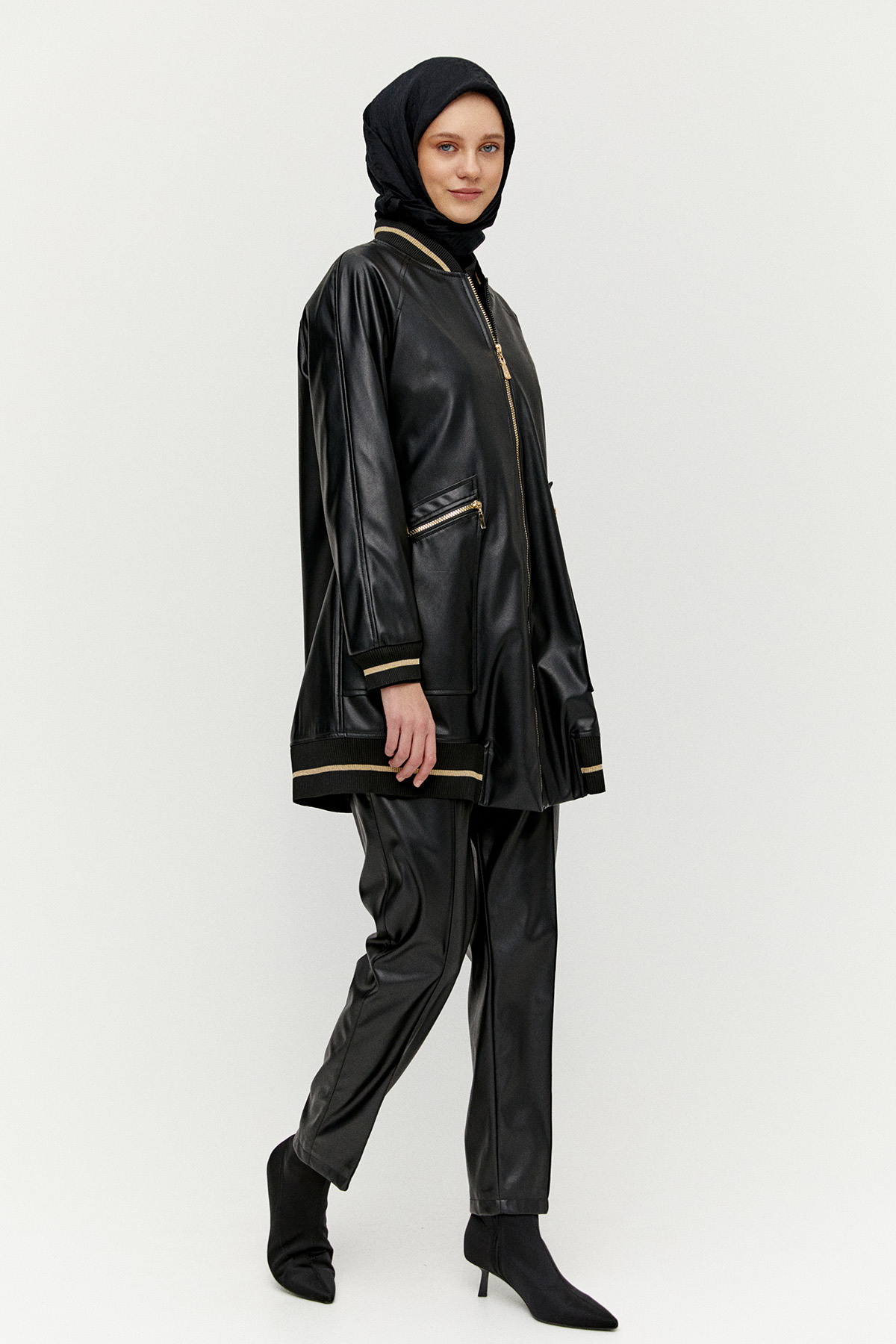 Ribanalı Suni Deri Bomber Kap