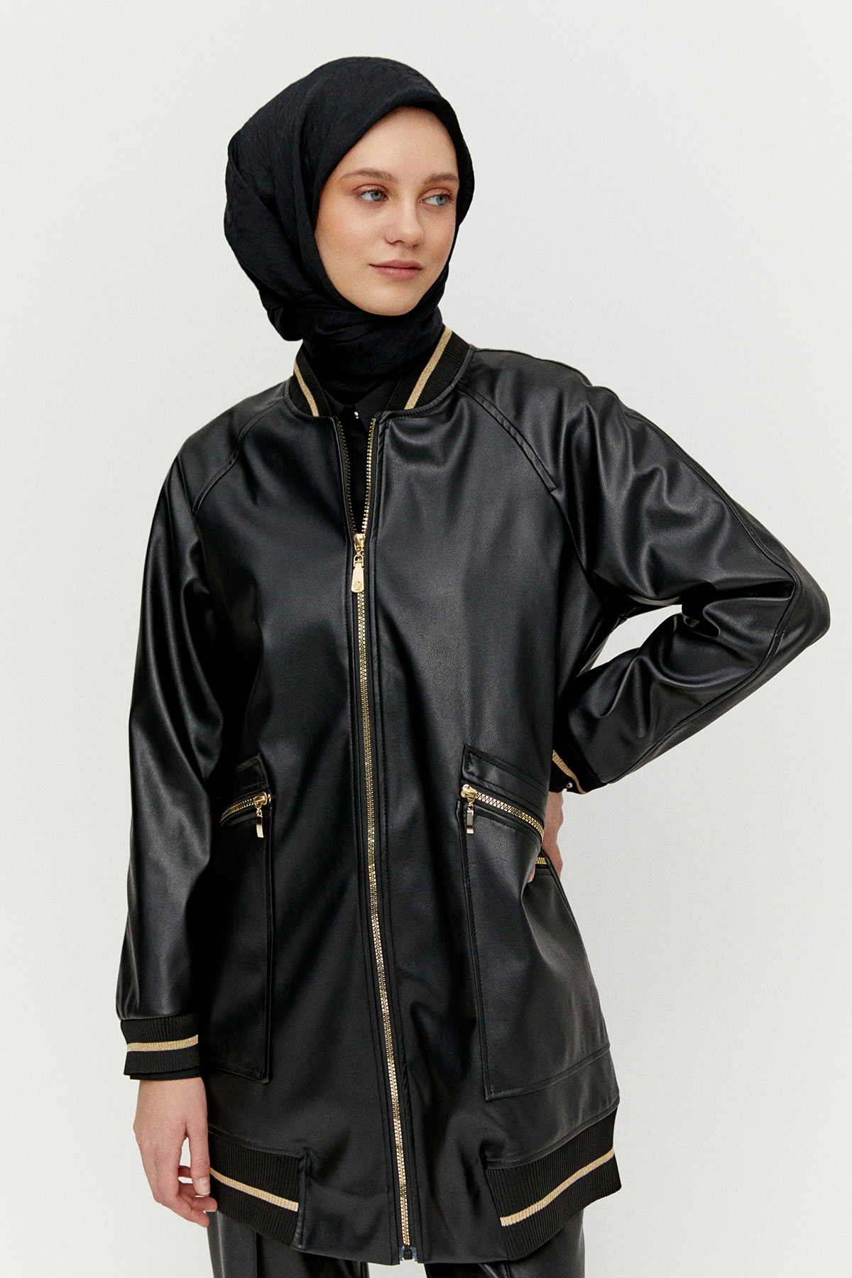 Ribanalı Suni Deri Bomber Kap