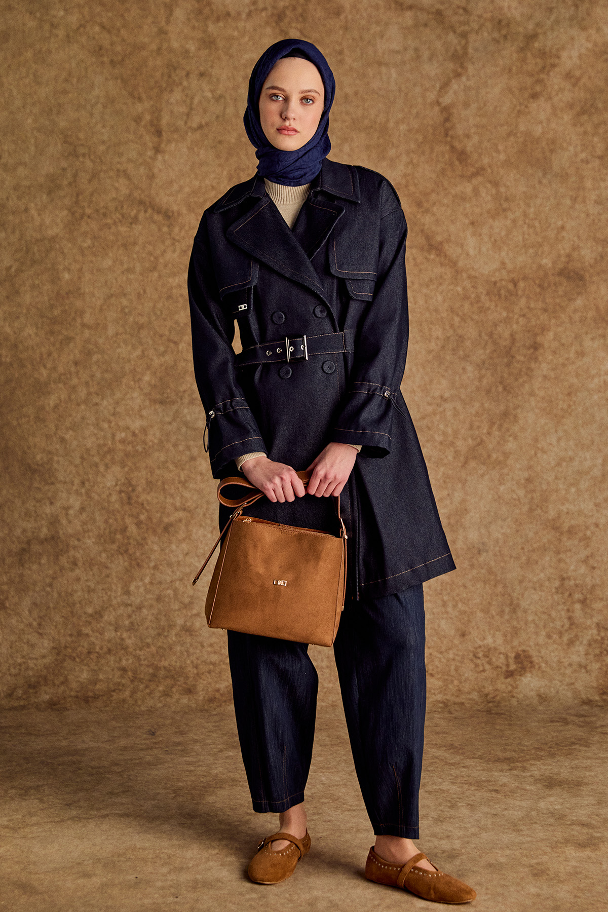 Rüzgarlıklı Kruvaze Denim Kap