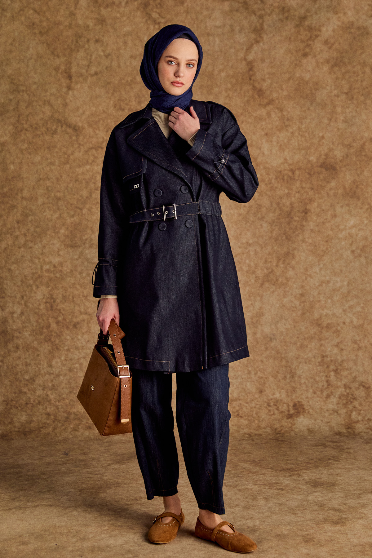 Rüzgarlıklı Kruvaze Denim Kap