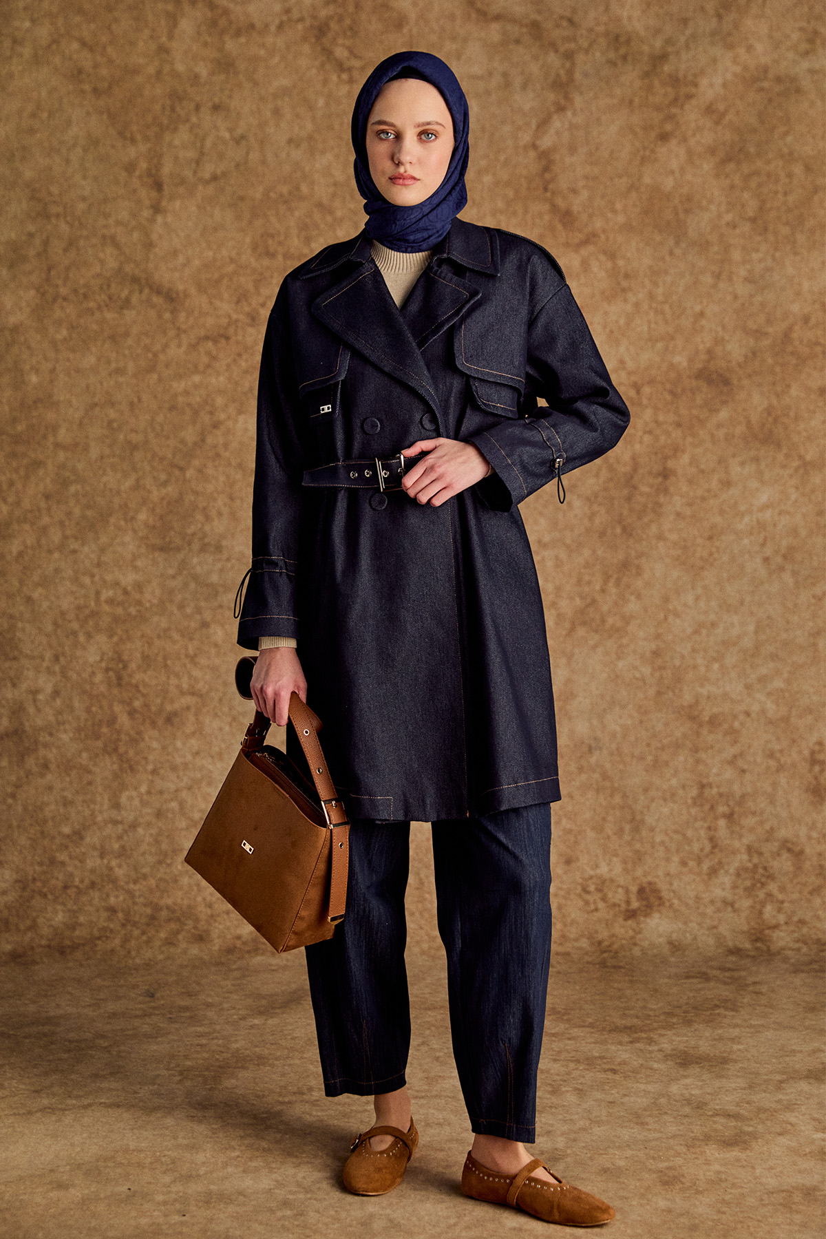 Rüzgarlıklı Kruvaze Denim Kap