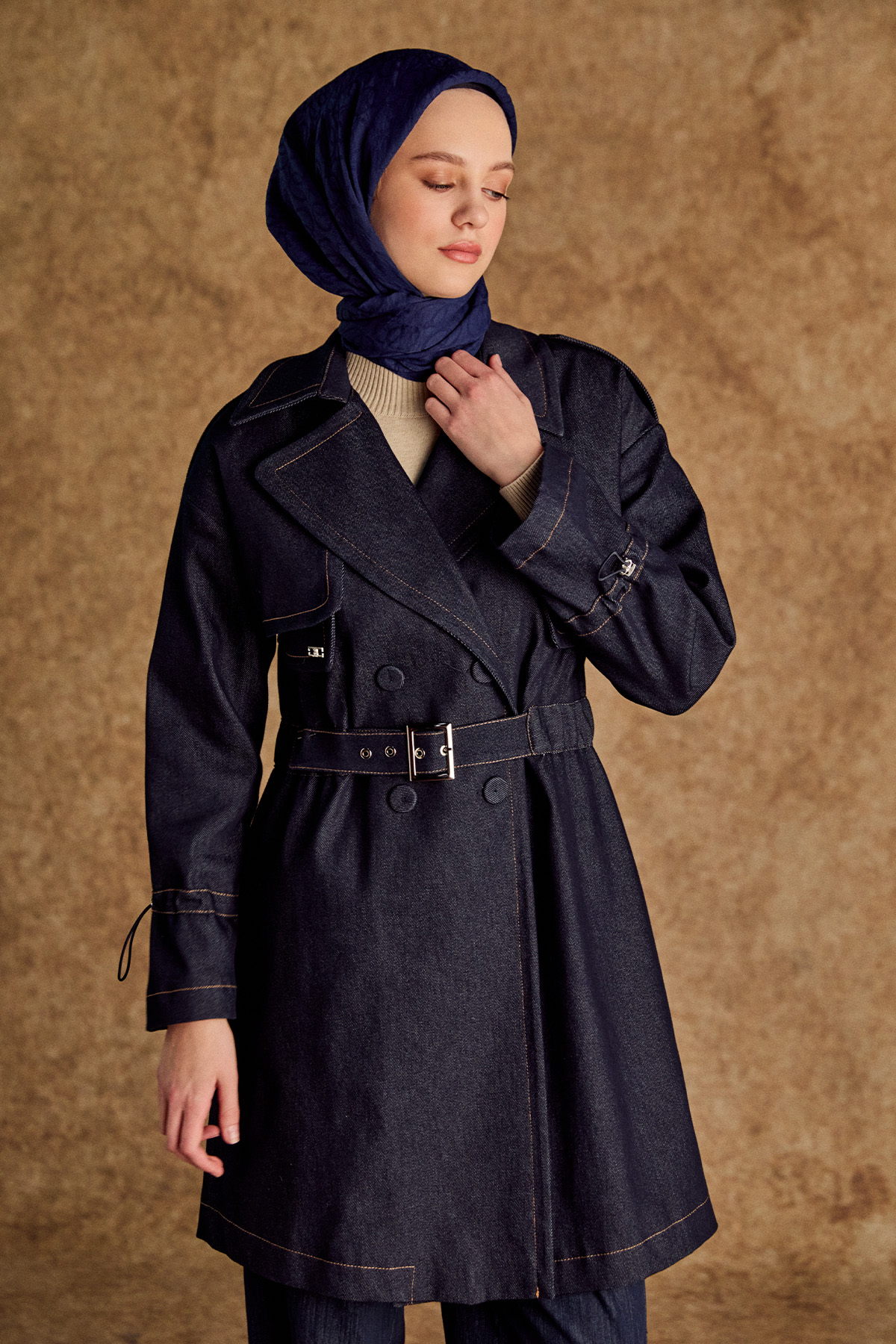 Rüzgarlıklı Kruvaze Denim Kap