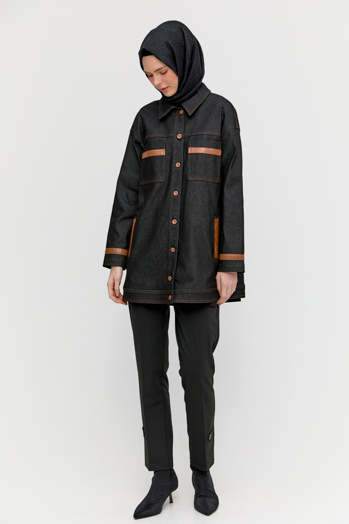 Deri Kombinli Kargo Cepli Kap, Tesettür Giyim