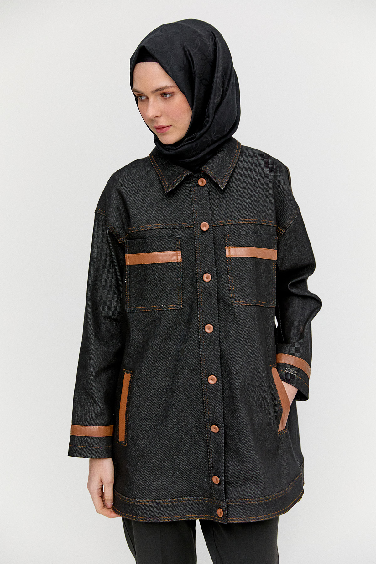 Deri Kombinli Kargo Cepli Kap, Tesettür Giyim