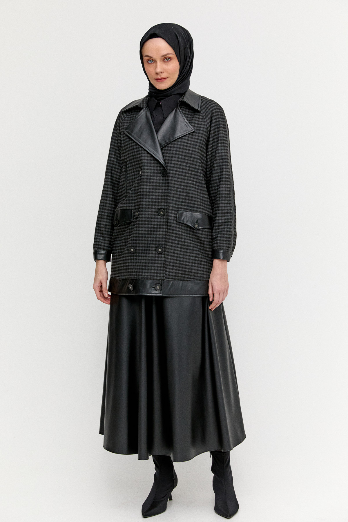 Kareli Suni Deri Oversize Kap, Tesettür Giyim