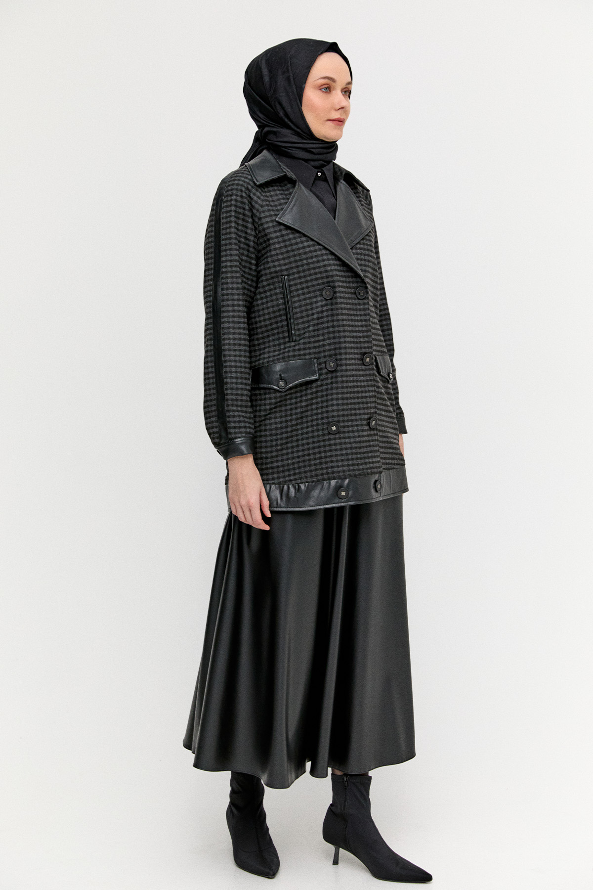 Kareli Suni Deri Oversize Kap, Tesettür Giyim