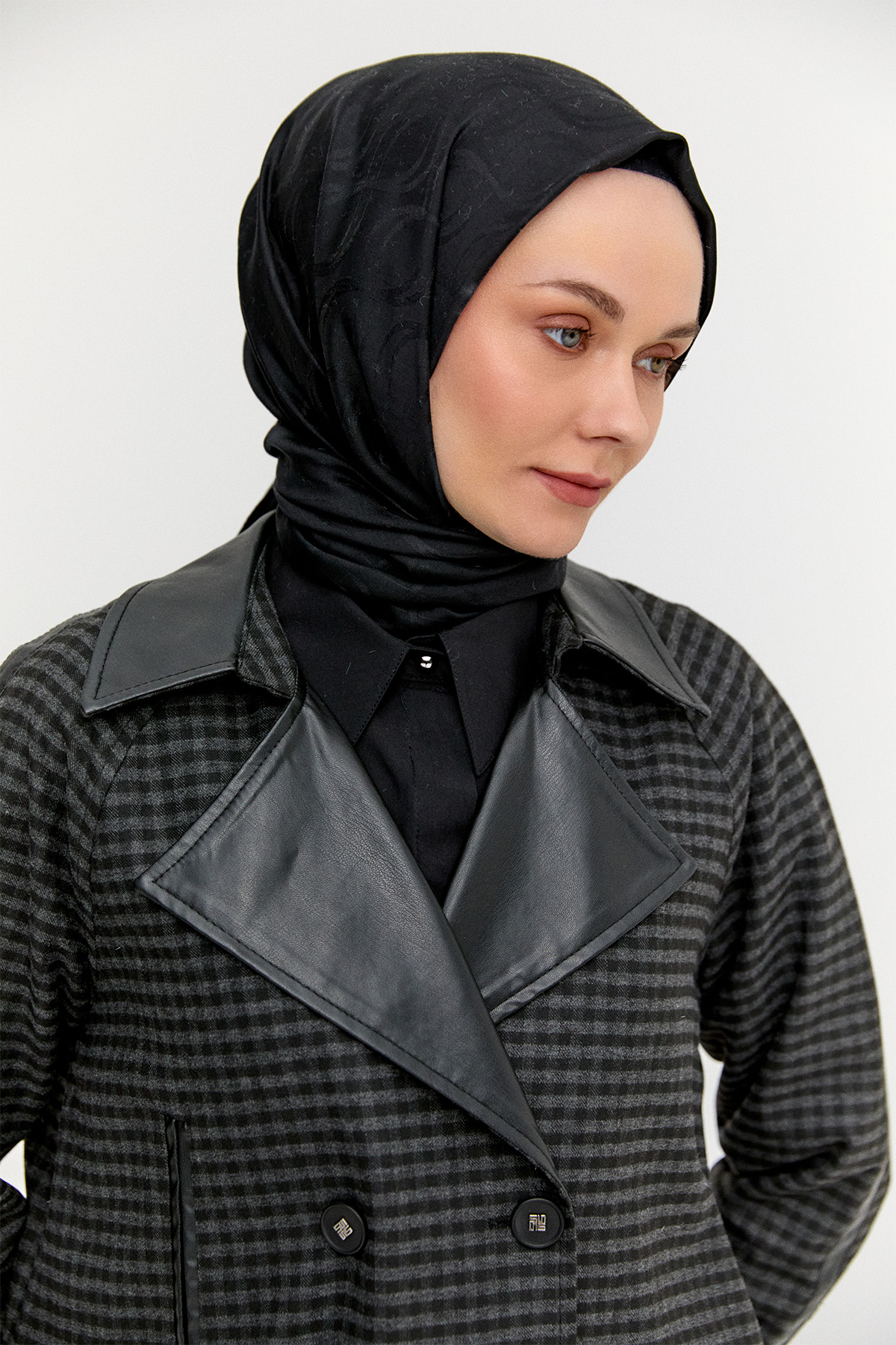 Kareli Suni Deri Oversize Kap, Tesettür Giyim