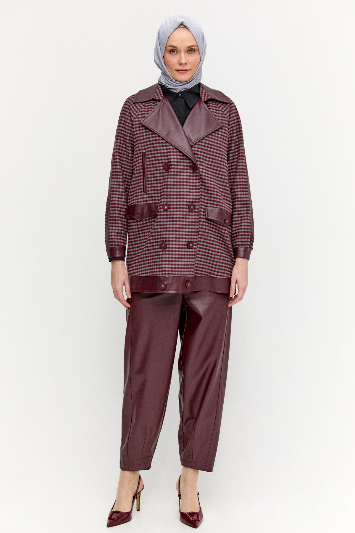 Kareli Suni Deri Oversize Kap, Tesettür Giyim