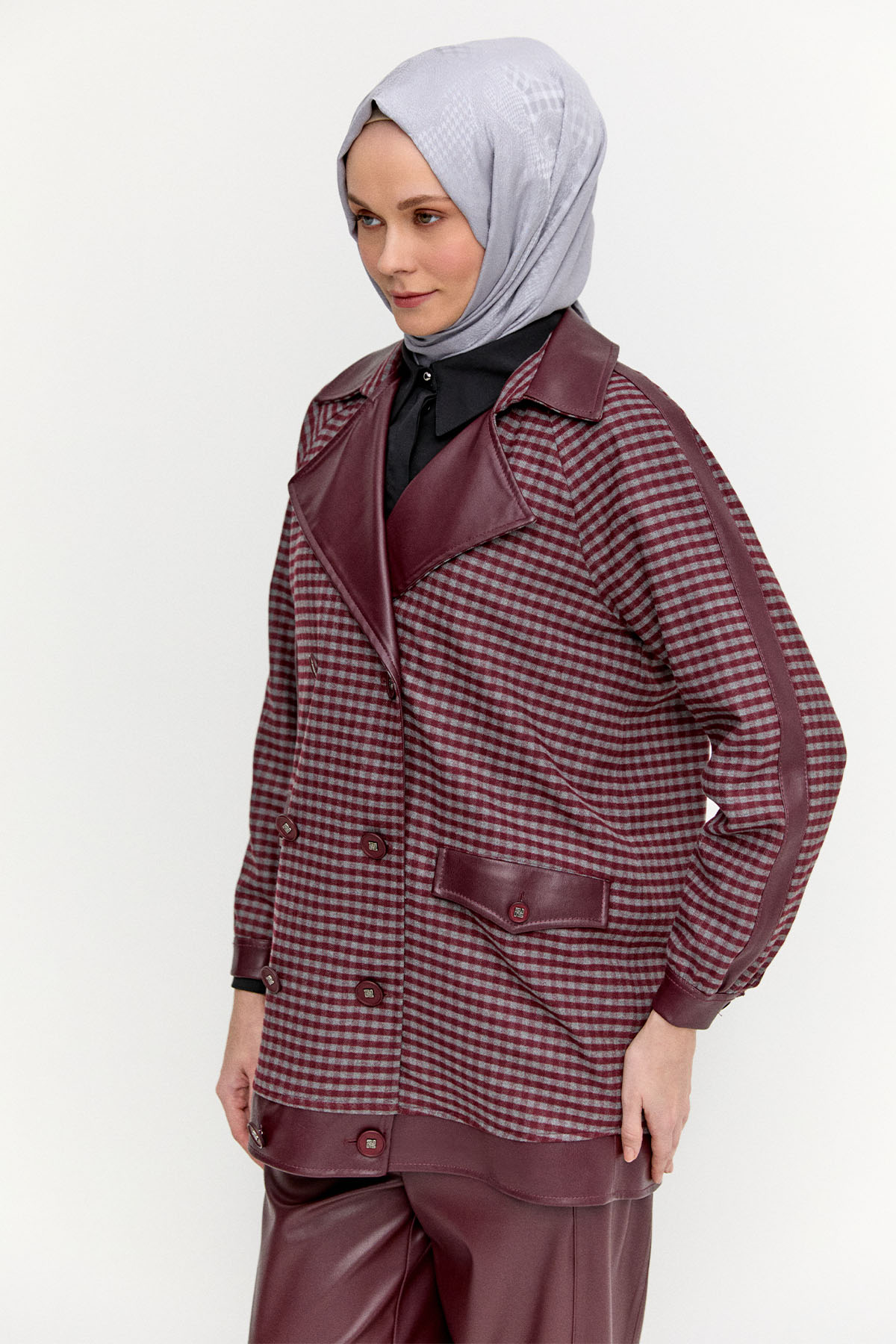 Kareli Suni Deri Oversize Kap, Tesettür Giyim