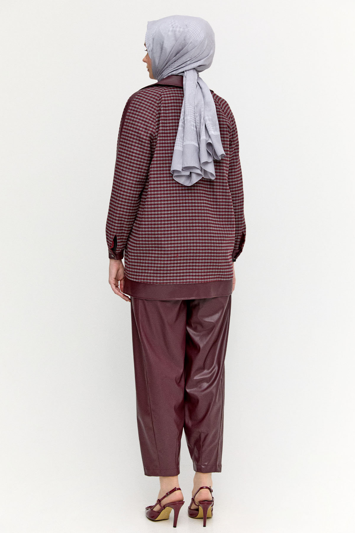 Kareli Suni Deri Oversize Kap, Tesettür Giyim