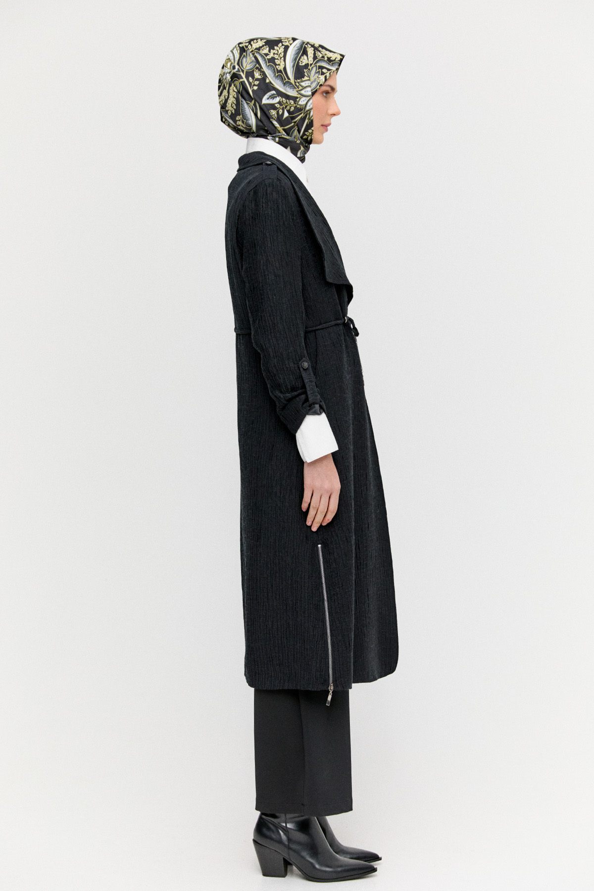 Dokulu Lyocell Stoper Kuşaklı Kap, Tesettür Giyim