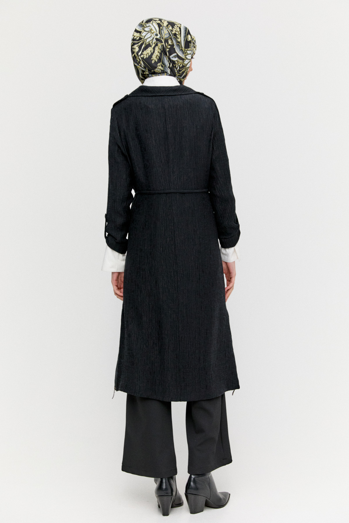 Dokulu Lyocell Stoper Kuşaklı Kap, Tesettür Giyim