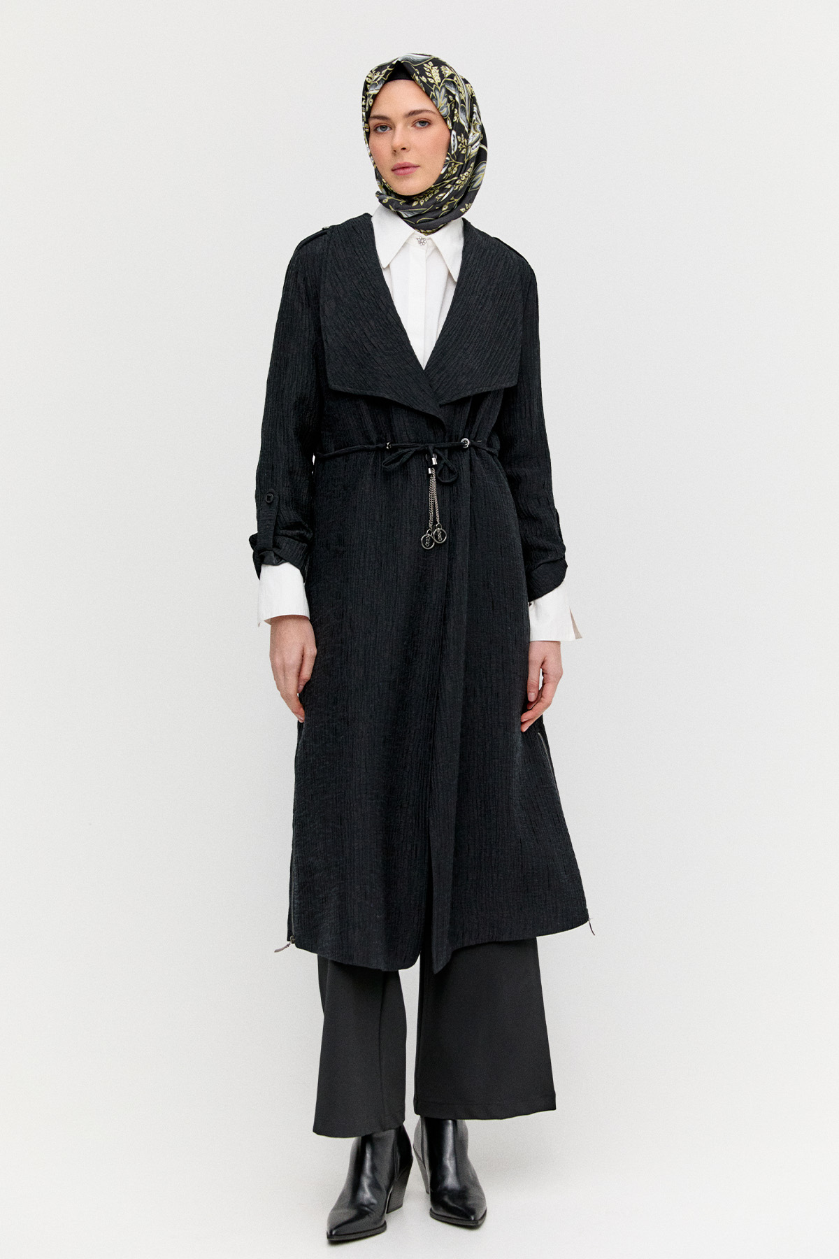 Dokulu Lyocell Stoper Kuşaklı Kap, Tesettür Giyim