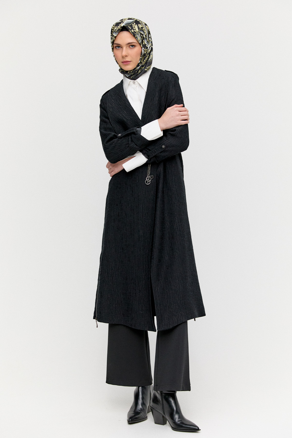 Dokulu Lyocell Stoper Kuşaklı Kap, Tesettür Giyim