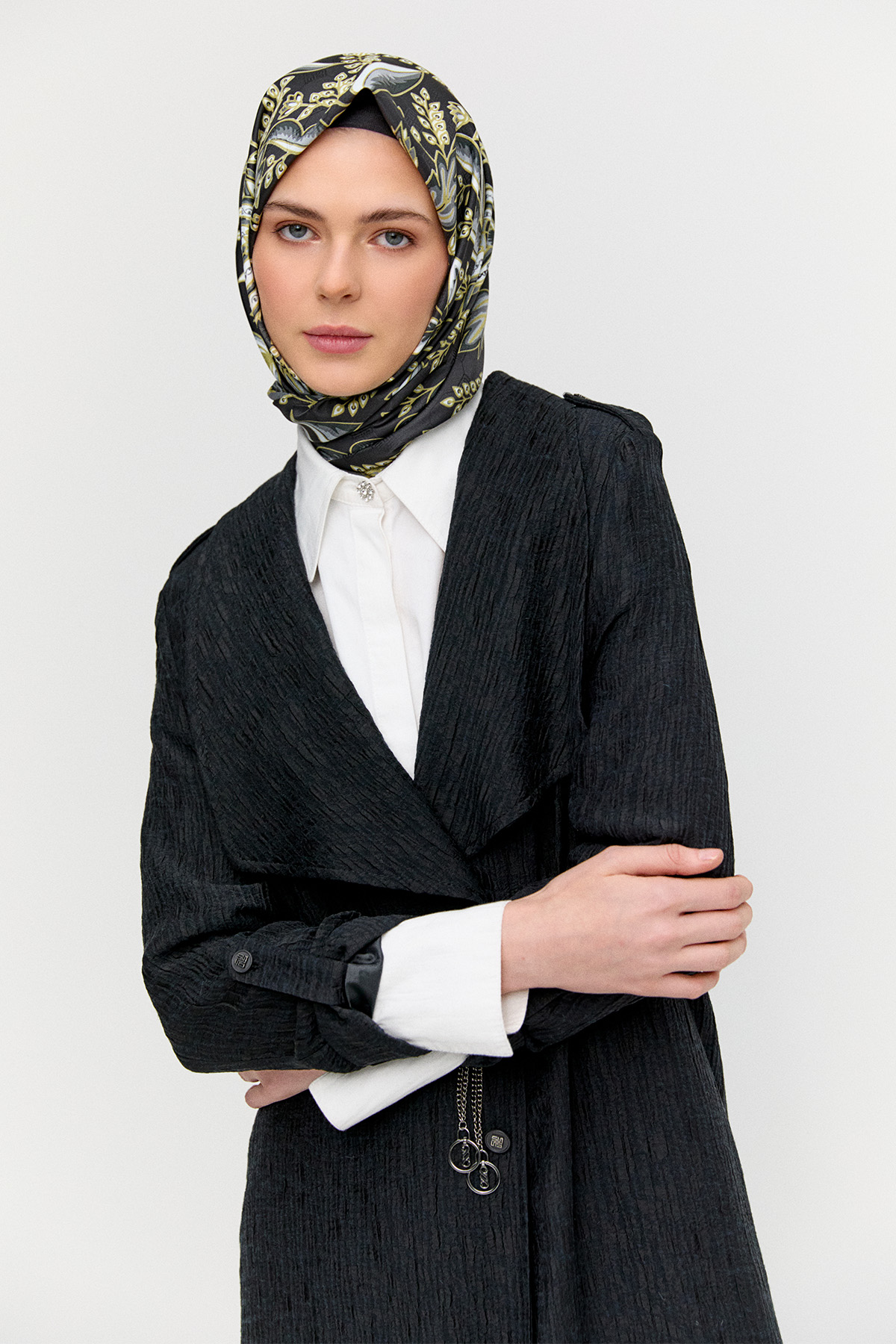 Dokulu Lyocell Stoper Kuşaklı Kap, Tesettür Giyim