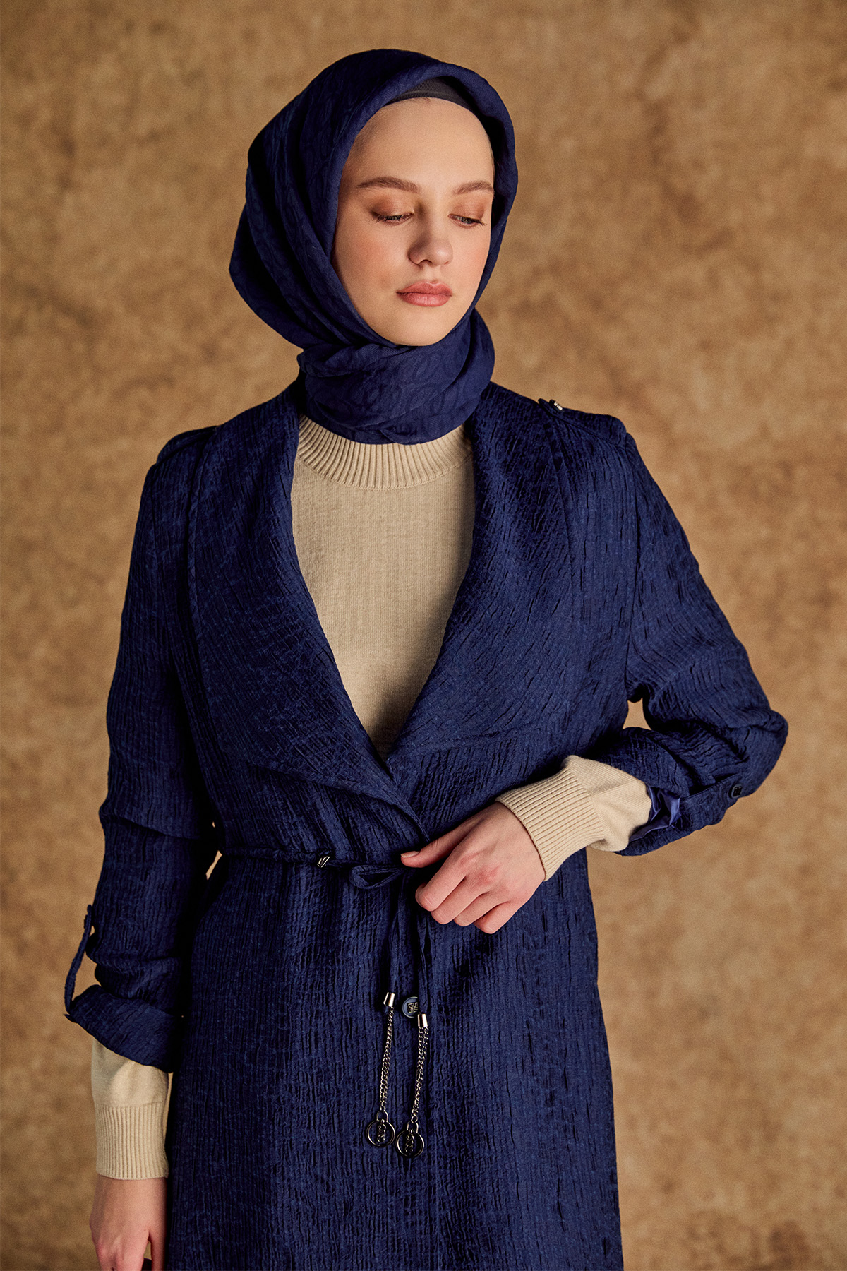 Dokulu Lyocell Stoper Kuşaklı Kap