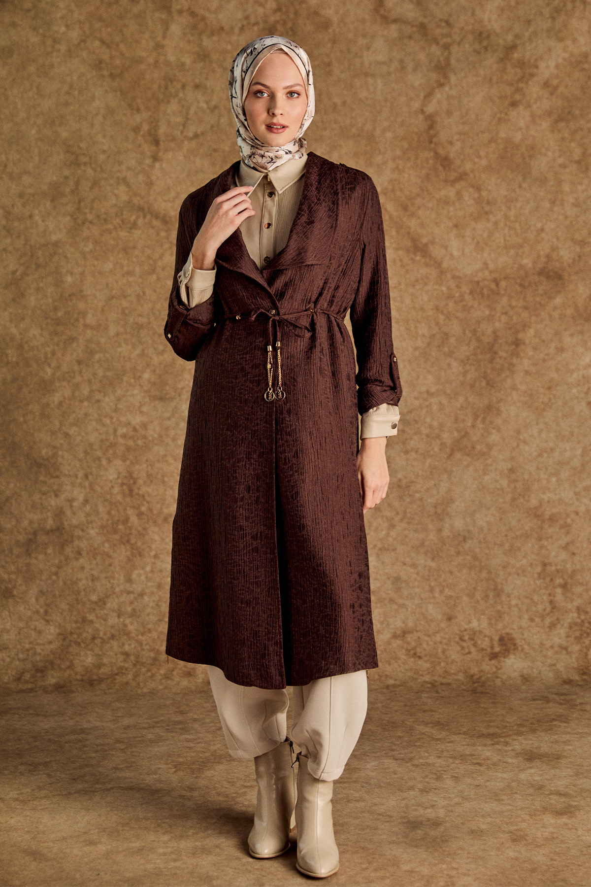 Dokulu Lyocell Stoper Kuşaklı Kap