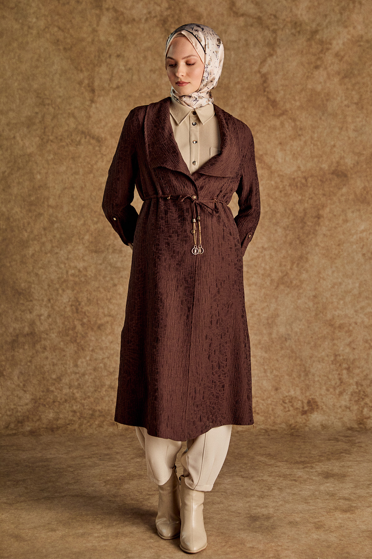 Dokulu Lyocell Stoper Kuşaklı Kap