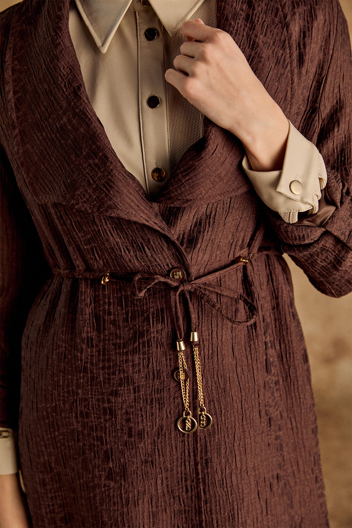 Dokulu Lyocell Stoper Kuşaklı Kap