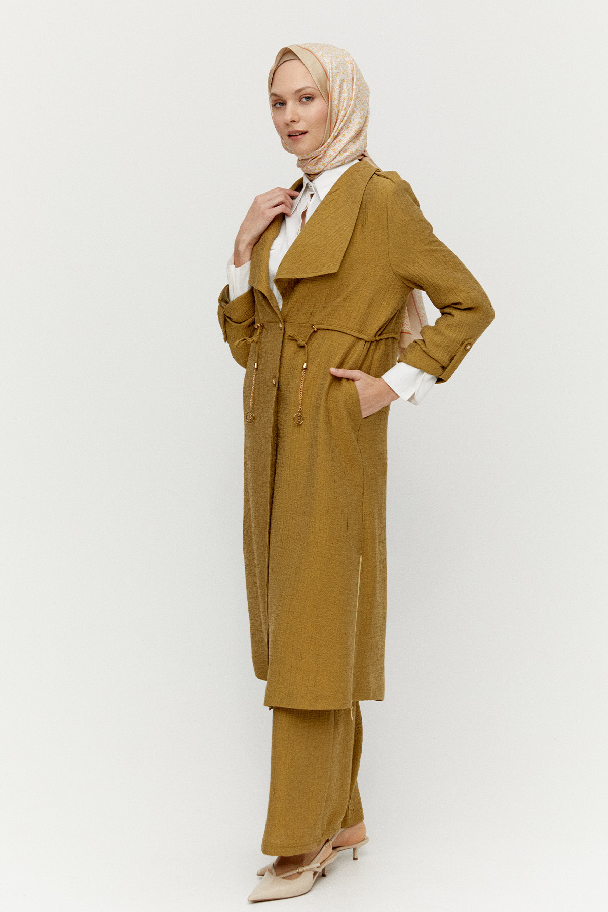 Dokulu Lyocell Stoper Kuşaklı Kap