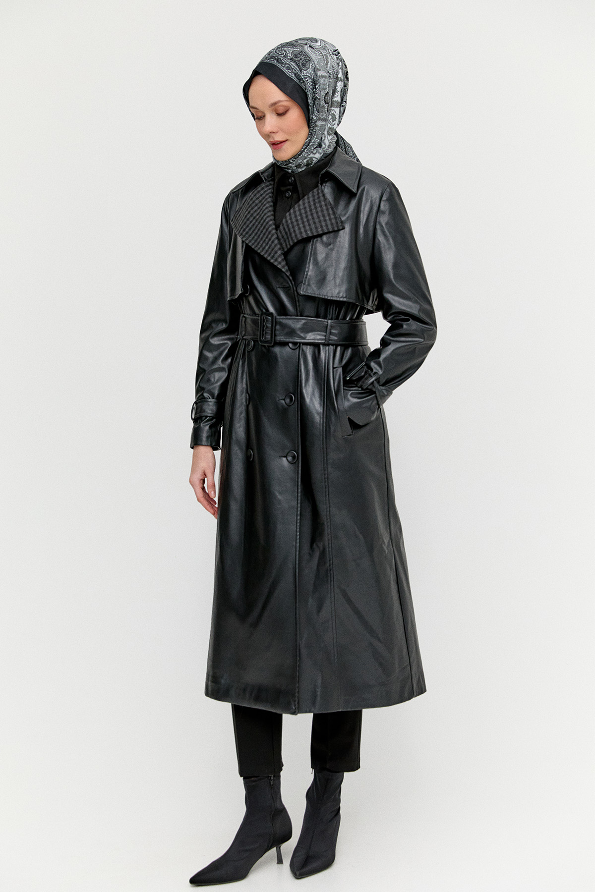 Kemerli Suni Deri Trençkot, Tesettür Giyim