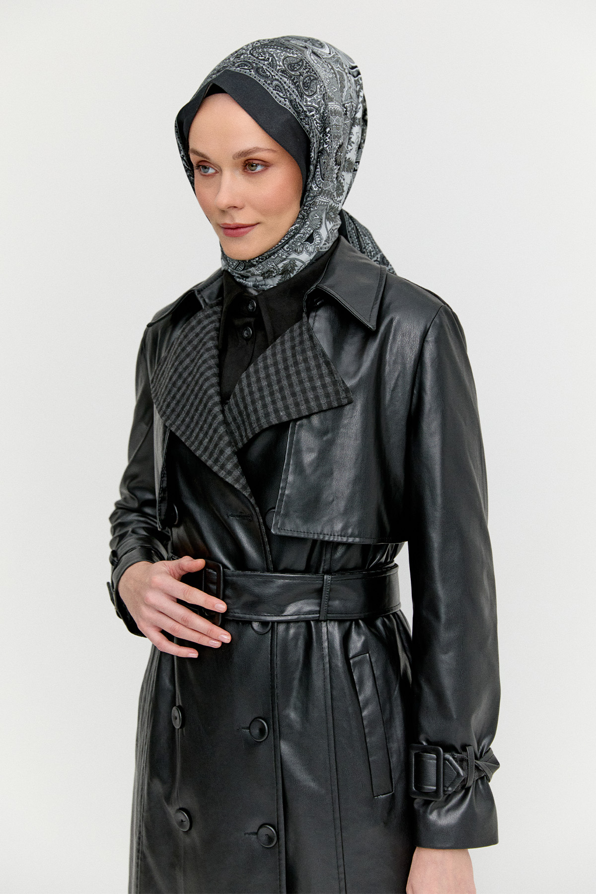 Kemerli Suni Deri Trençkot, Tesettür Giyim