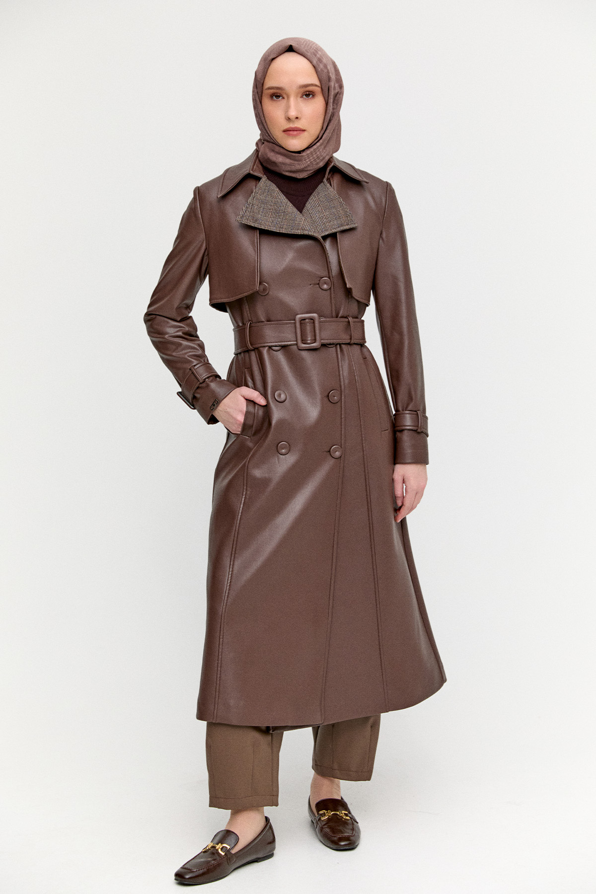 Kemerli Suni Deri Trençkot, Tesettür Giyim