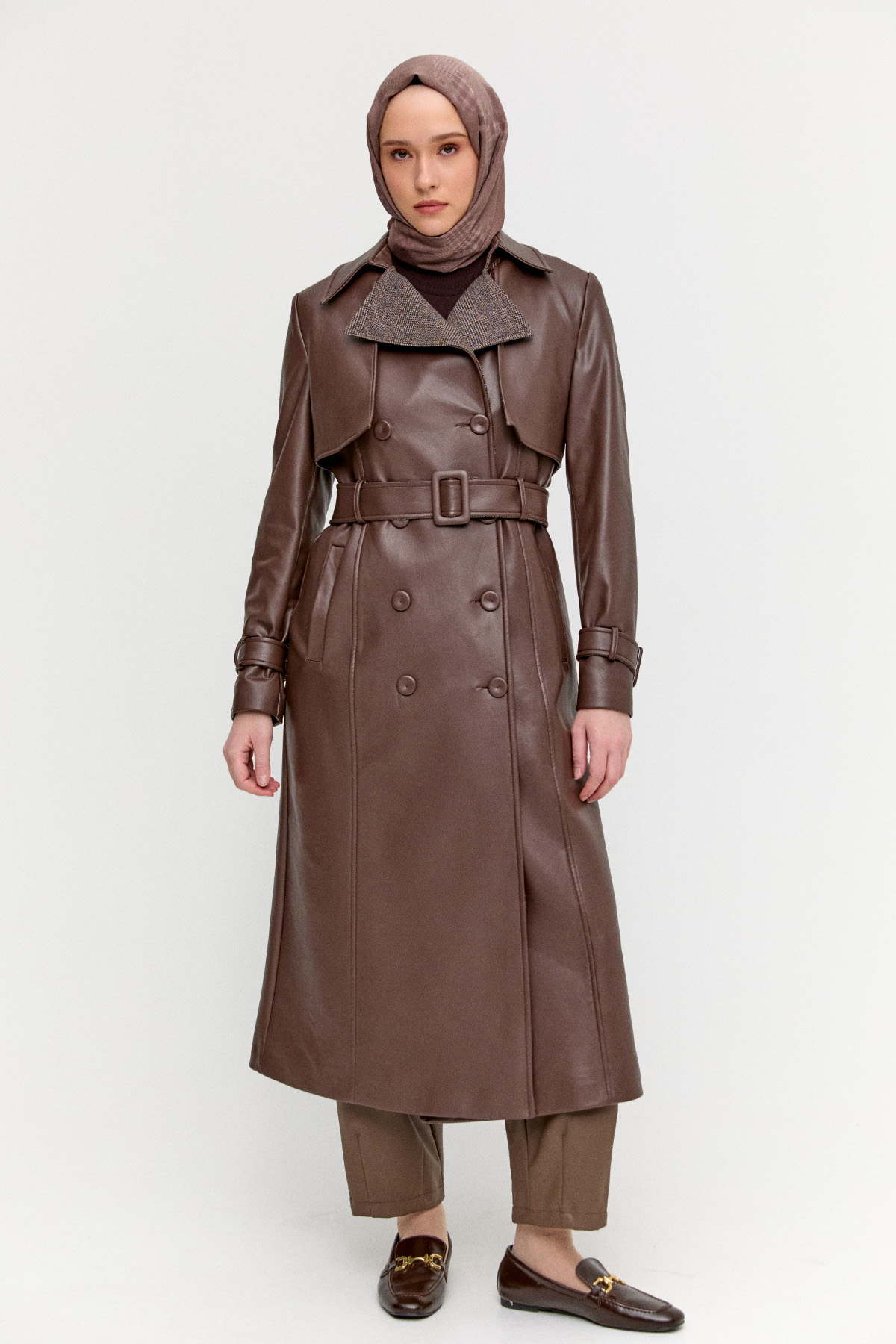 Kemerli Suni Deri Trençkot, Tesettür Giyim