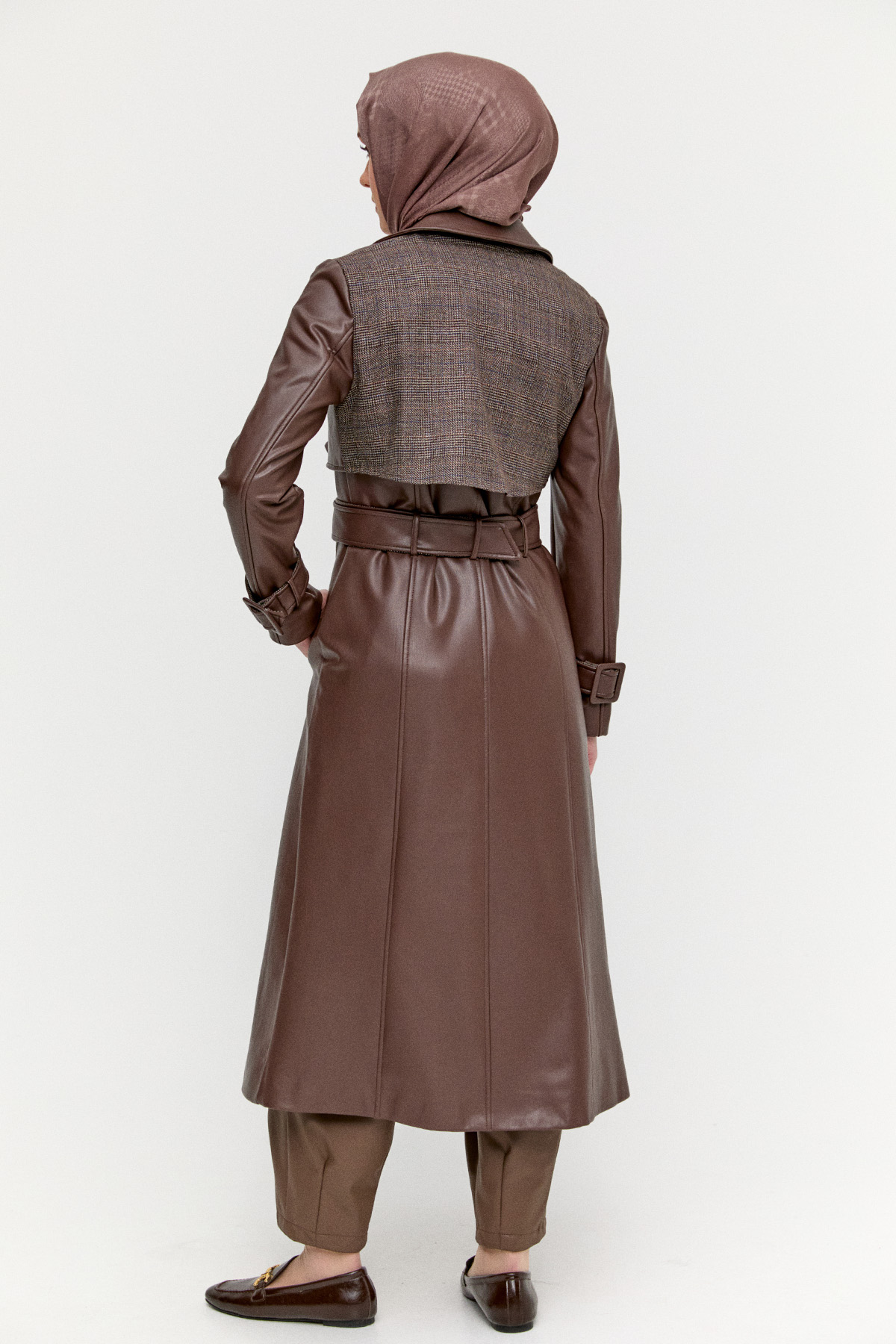 Kemerli Suni Deri Trençkot, Tesettür Giyim