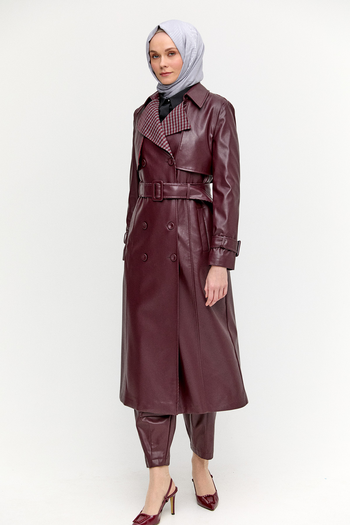 Kemerli Suni Deri Trençkot, Tesettür Giyim
