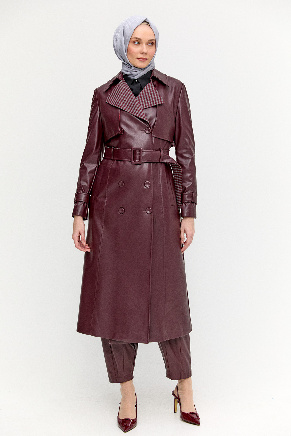 Kemerli Suni Deri Trençkot, Tesettür Giyim