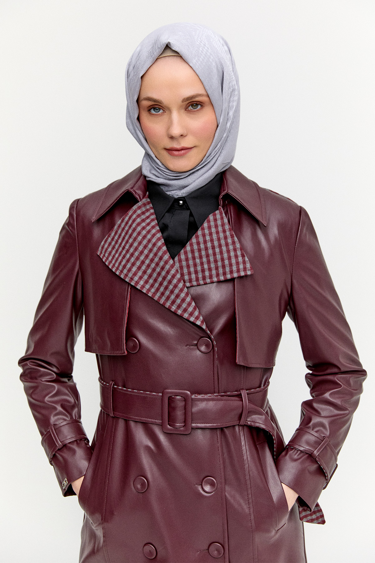 Kemerli Suni Deri Trençkot, Tesettür Giyim