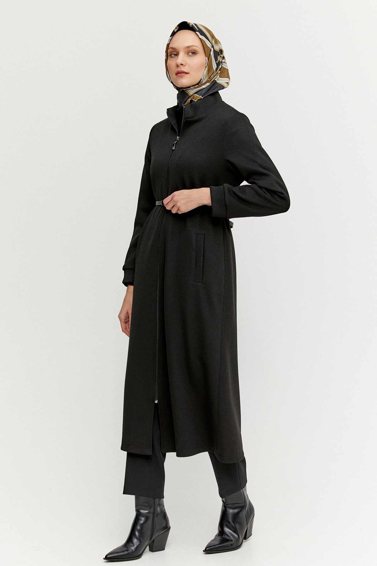 Kemerli Fermuarlı Uzun Kap, Tesettür Giyim