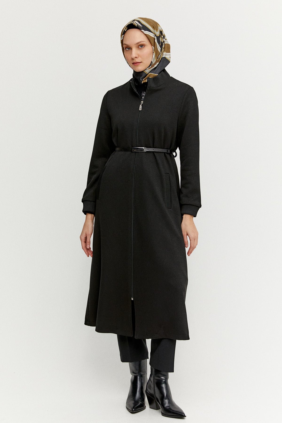 Kemerli Fermuarlı Uzun Kap, Tesettür Giyim