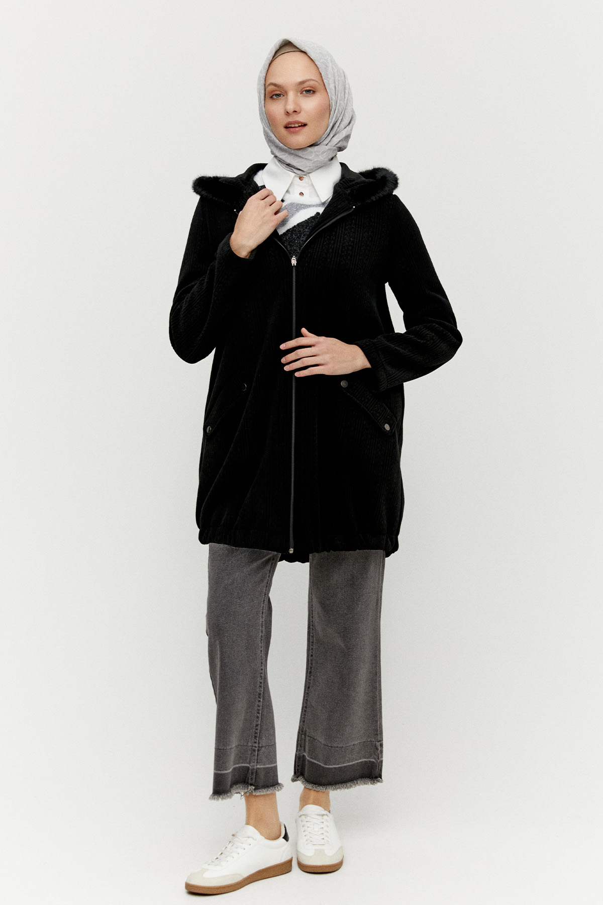 Suni Kürk Kapüşonlu Dokulu Kap