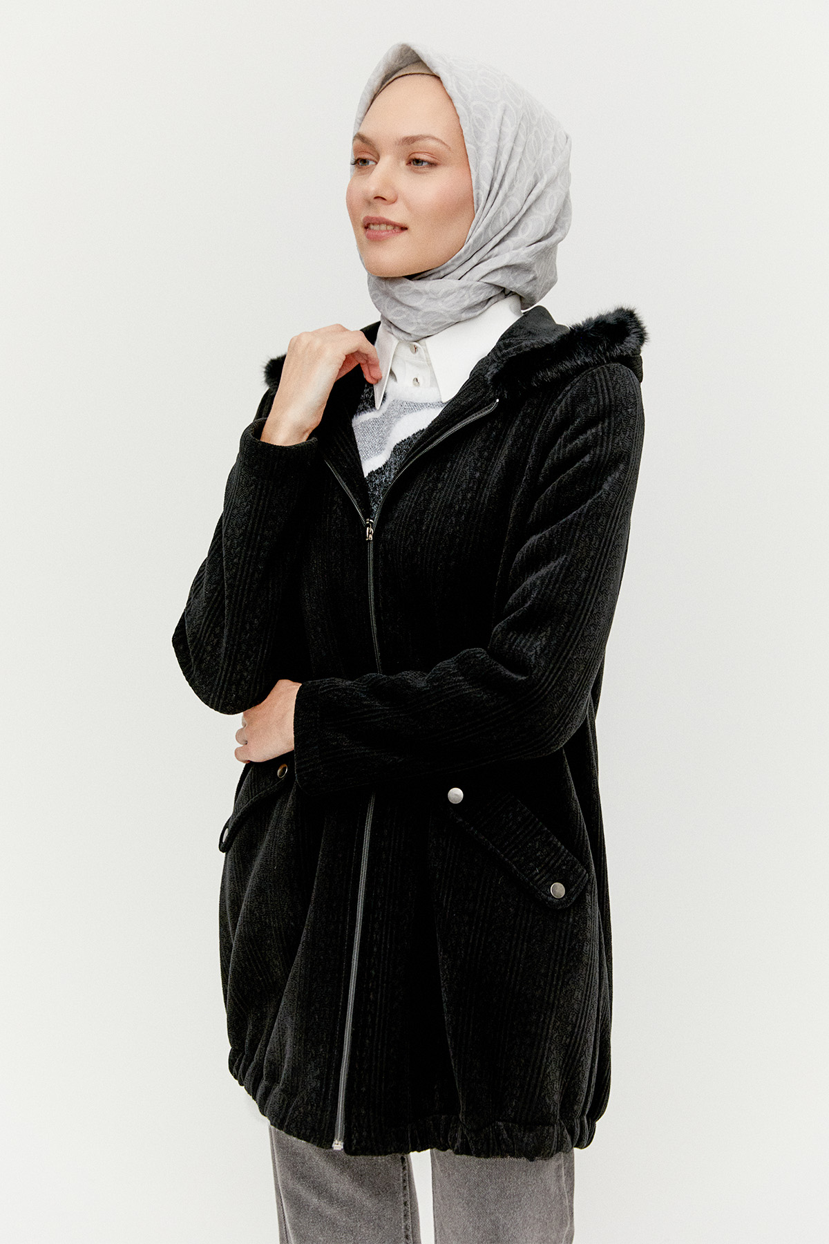 Suni Kürk Kapüşonlu Dokulu Kap