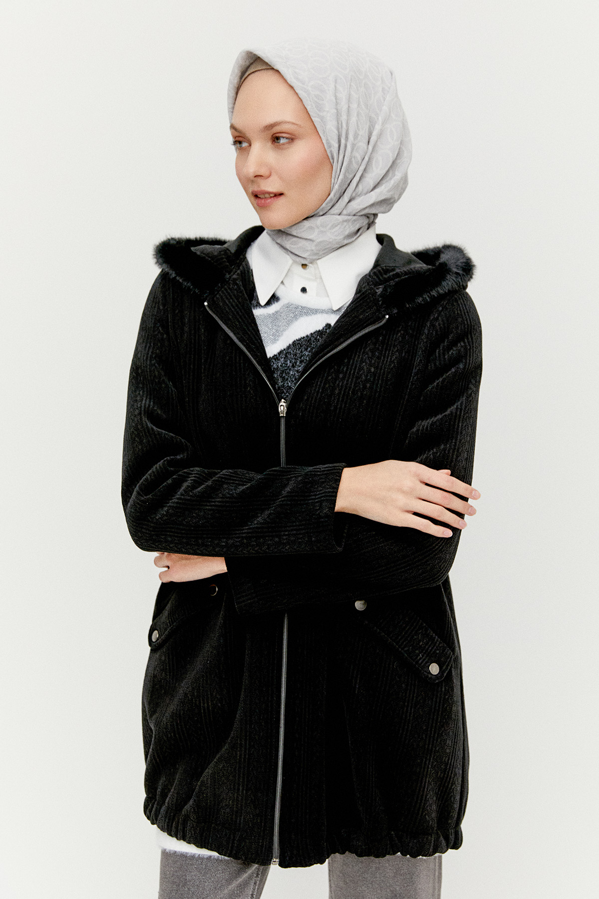 Suni Kürk Kapüşonlu Dokulu Kap