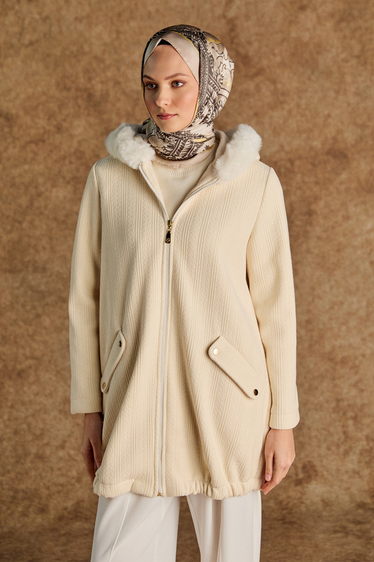 Suni Kürk Kapüşonlu Dokulu Kap