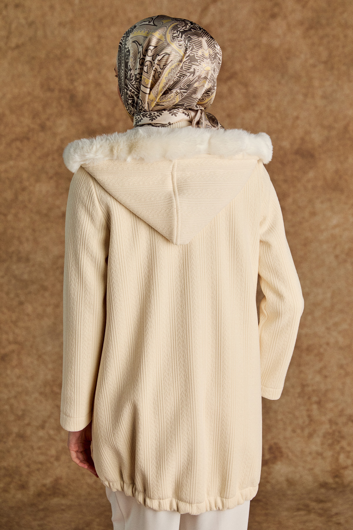 Suni Kürk Kapüşonlu Dokulu Kap