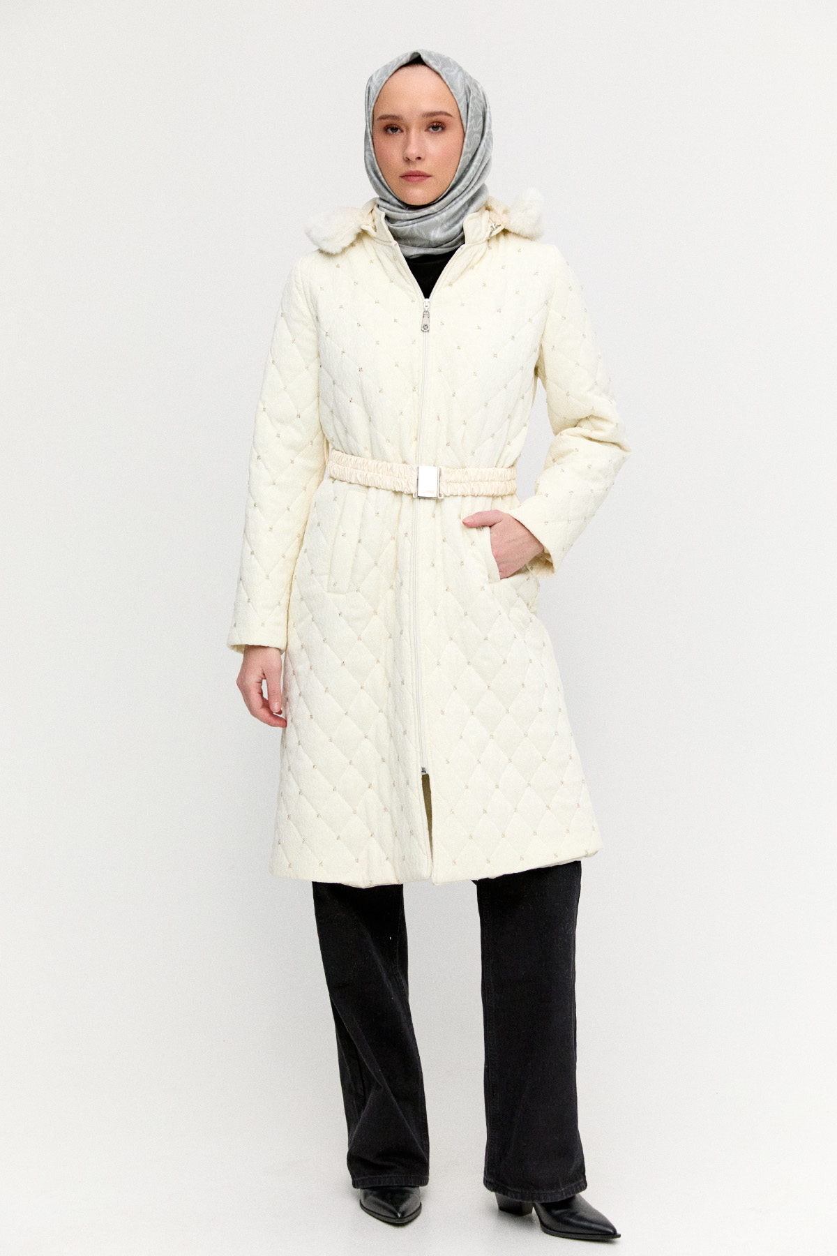 Seyyar Kapüşonlu Taşlı Kaban, Tesettür Giyim