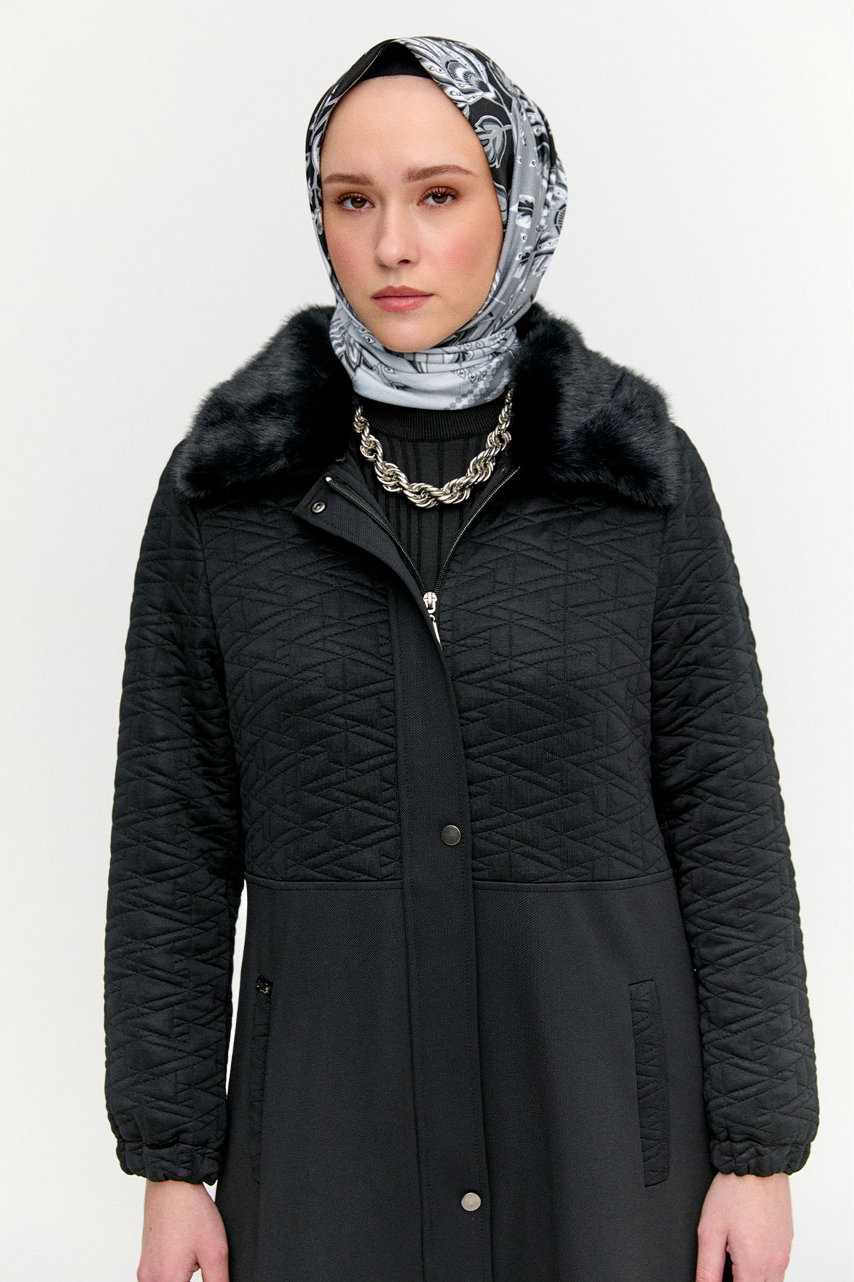 Suni Kürklü Fermuarlı Kap, Tesettür Giyim