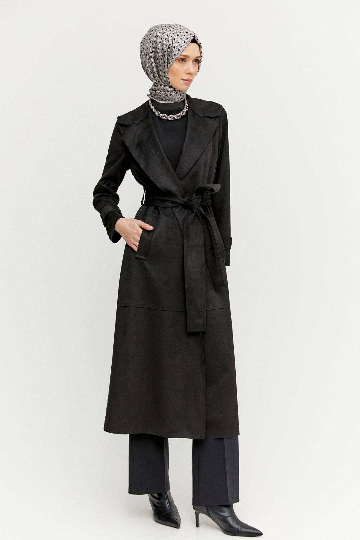 Kuşaklı Süet Görünümlü Uzun Kap, Tesettür Giyim