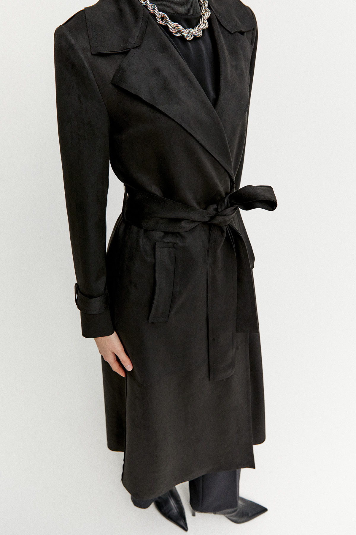 Kuşaklı Süet Görünümlü Uzun Kap, Tesettür Giyim