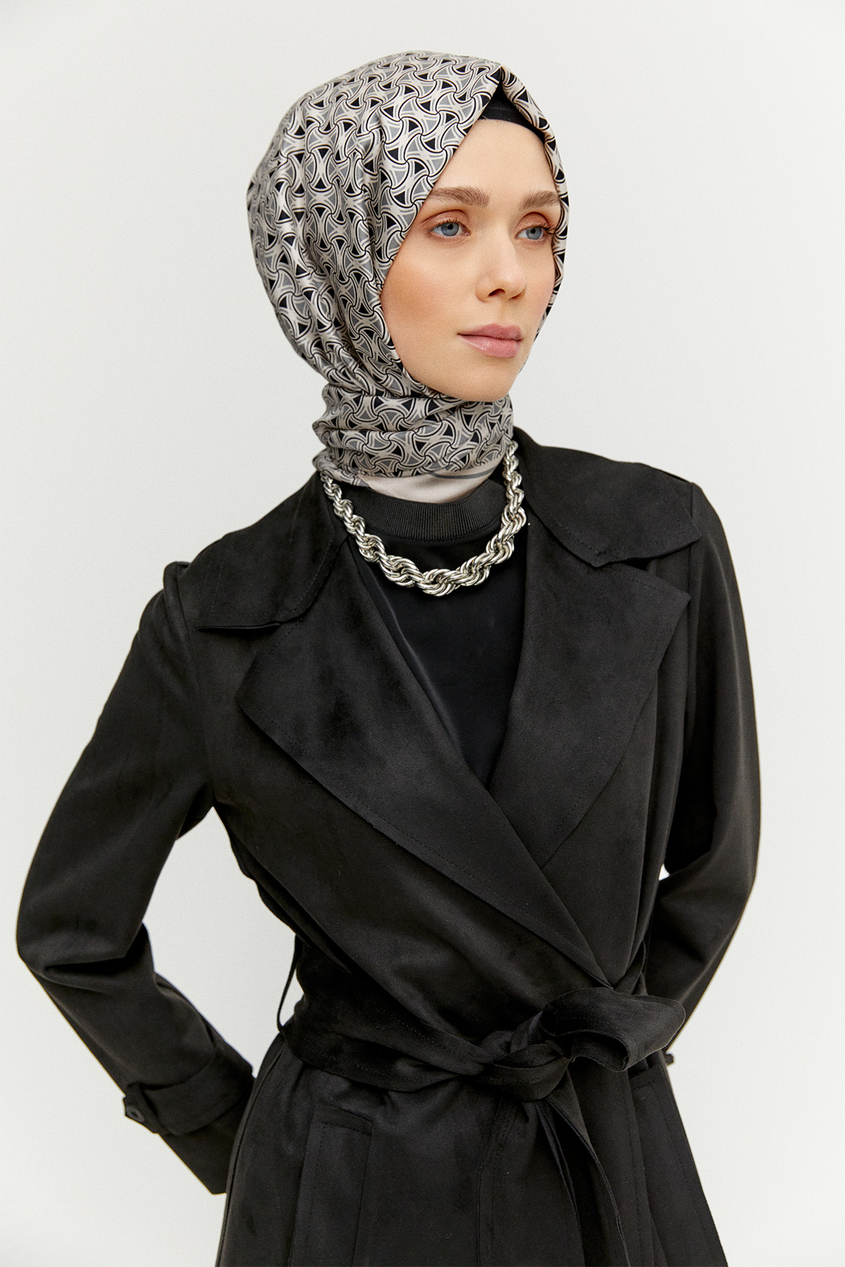 Kuşaklı Süet Görünümlü Uzun Kap, Tesettür Giyim