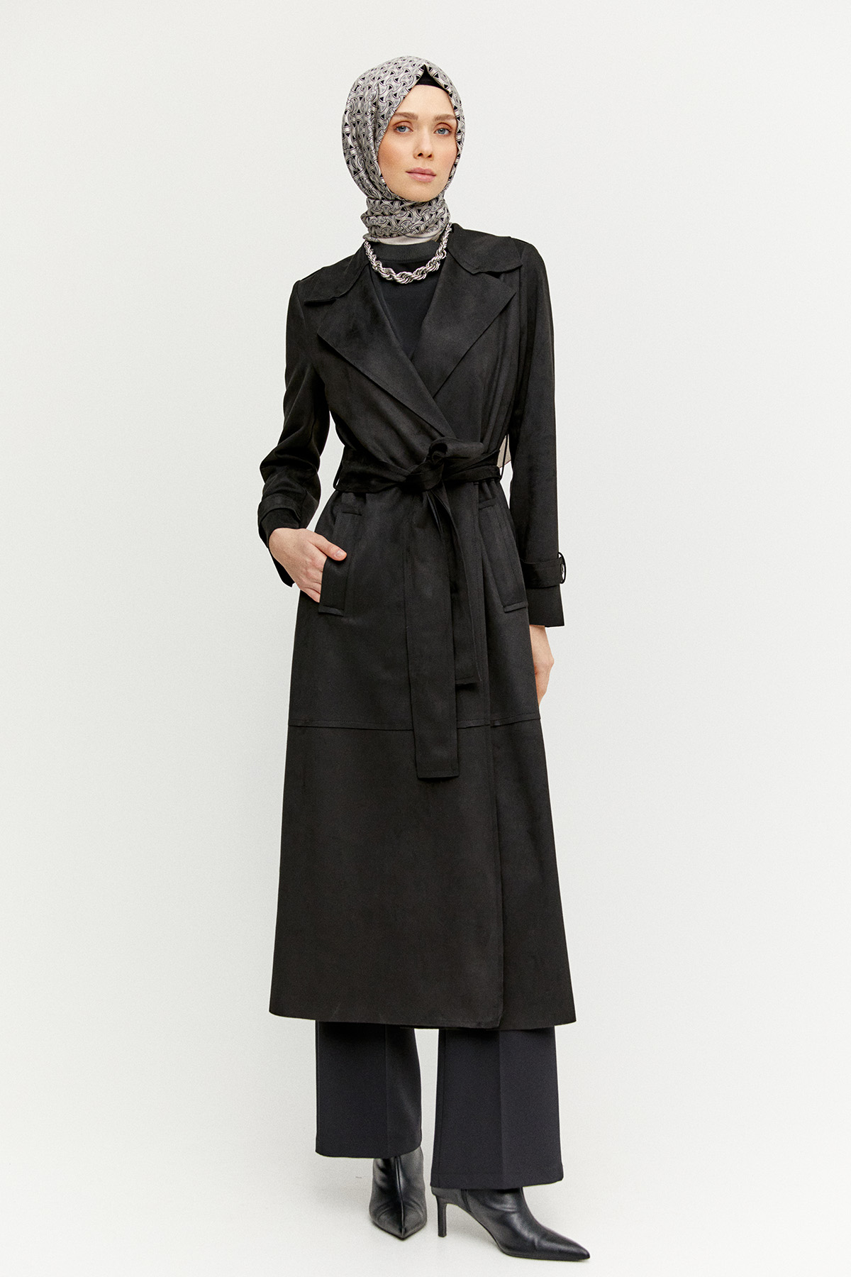Kuşaklı Süet Görünümlü Uzun Kap, Tesettür Giyim