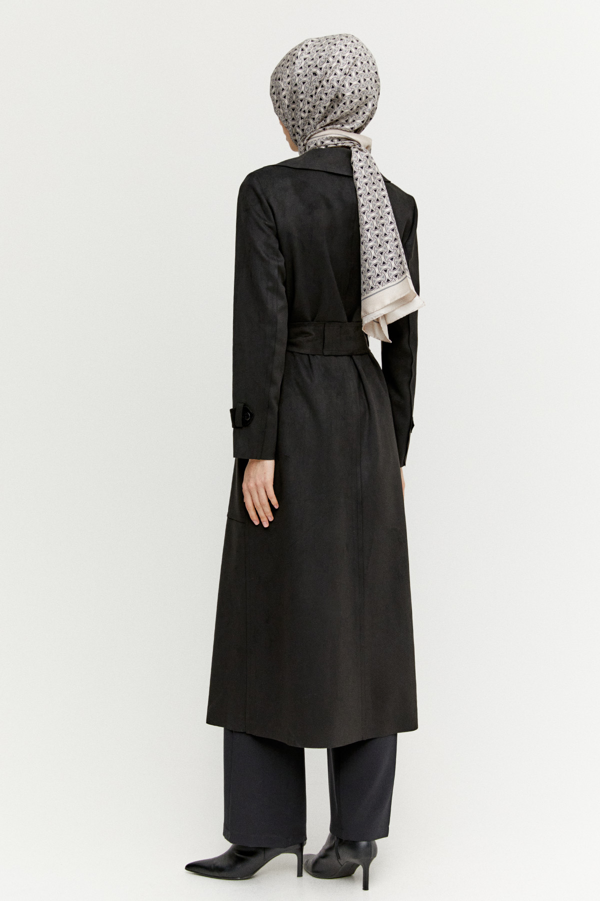 Kuşaklı Süet Görünümlü Uzun Kap, Tesettür Giyim