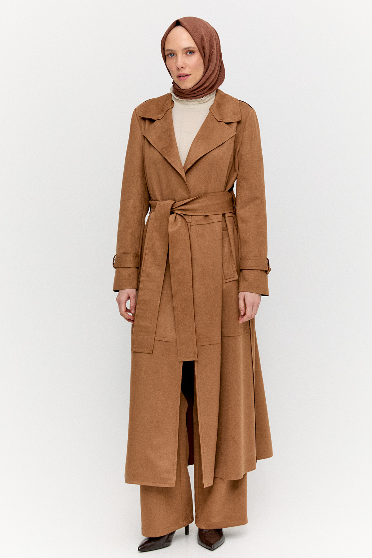 Kuşaklı Süet Görünümlü Uzun Kap, Tesettür Giyim
