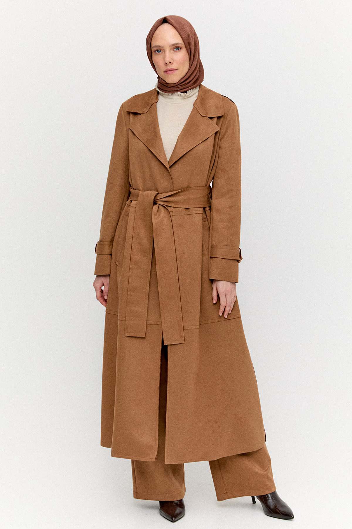 Kuşaklı Süet Görünümlü Uzun Kap, Tesettür Giyim